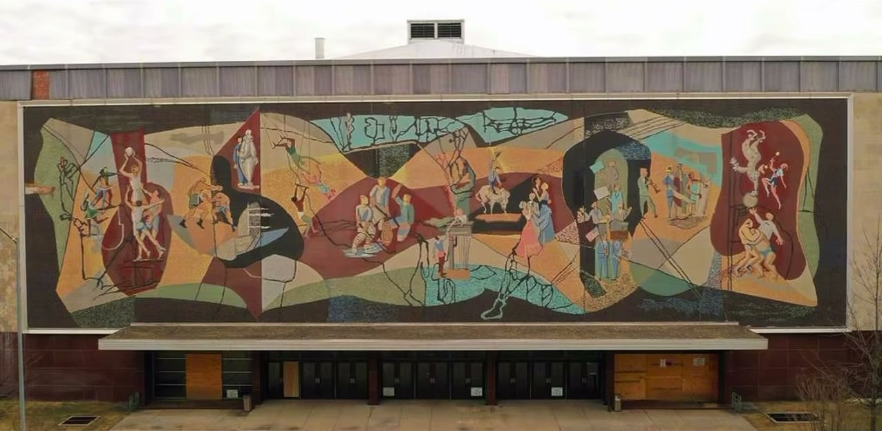 The restored Pershing Center mural at Wyuka Park